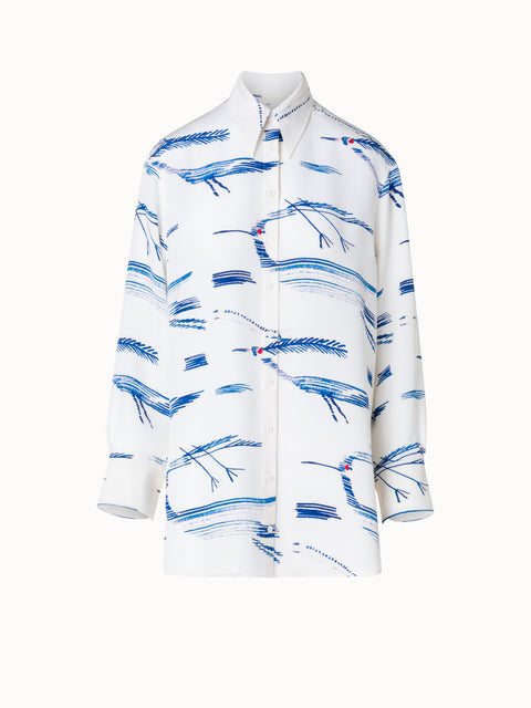 Oversize Seiden-Tunika-Bluse mit Kasuri Birds Druck