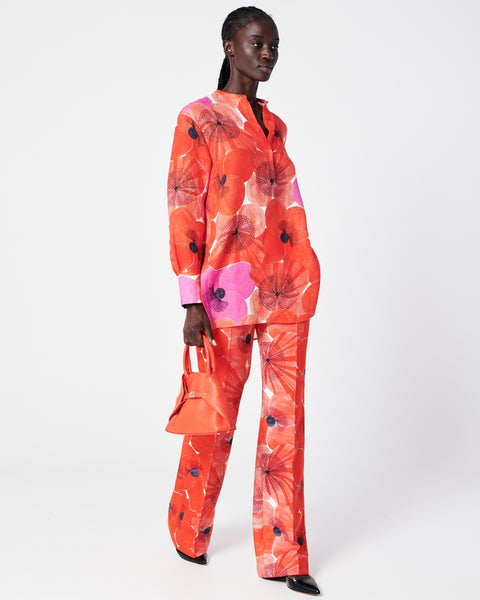 Oversize Tunika-Bluse aus Leinen mit Poppy Druck