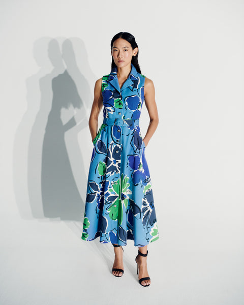 Midi-Kleid aus Baumwoll-Seiden-Doubleface mit Sketched Abraham Flower Druck