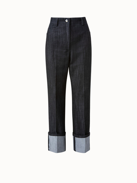 Hochtaillierte Hose aus Baumwoll Stretch Denim mit weitem Bein