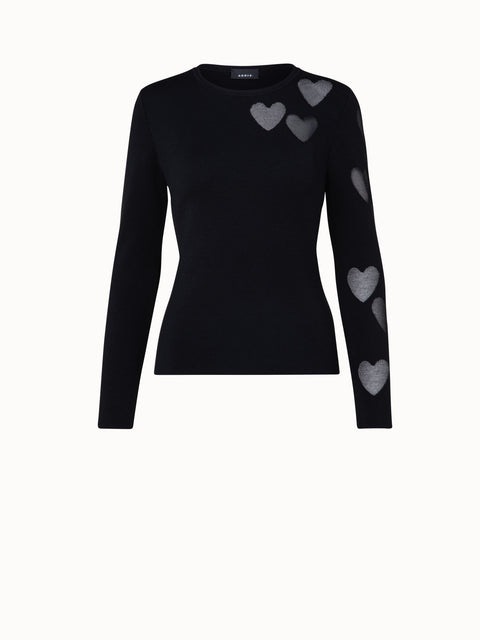 Seiden-Stretch Strickpullover mit transparenten Hearts-Intarsien